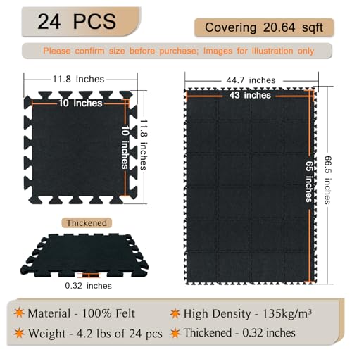 Gym Flooring Mats 24 Pcs, 11x 11 x 0.32 inches High Density Exercise Floor Tiles, Non Slip Interlocking Noise Shock Reduction Puzzle Felt Mat for Workout, Basement and Home Gym Protective - size: 0.32'' Thickness, 24 Pcs