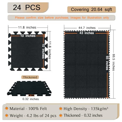 Gym Flooring Mats 24 Pcs, 11x 11 x 0.32 inches High Density Exercise Floor Tiles, Non Slip Interlocking Noise Shock Reduction Puzzle Felt Mat for Workout, Basement and Home Gym Protective - size: 0.32'' Thickness, 24 Pcs