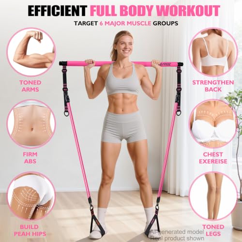 Pilates Bar Kit with Resistance Bands, Pilates Equipment, Multifunctional Pilates Bar for Women & Men, Pilates kit for Hip, Back, Arm, Full-Body Workouts, Home Gym Strength Training Equipment - style: Pink