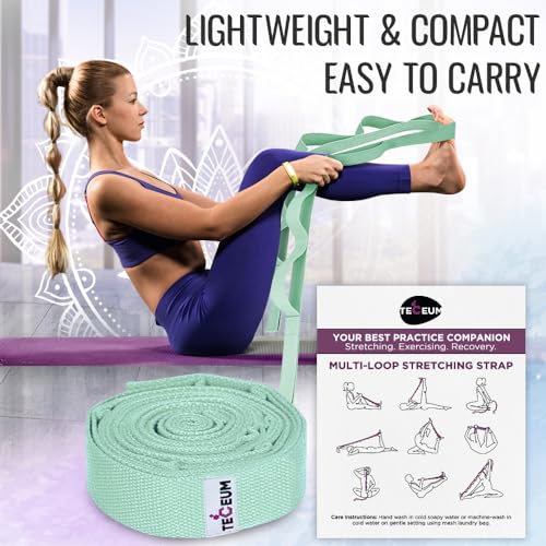 [NEW 2023] TECEUM Yoga Stretching Strap 10 Loops Non-Elastic Strap - Home Workout Stretch Strap for Physical Therapy, Yoga, Pilates cttn 1 in LtG | Non-Elastic Yoga Stretch Band for Hamstring, Leg, Hip & Knee Rehab, Pilates, Flexibility & Mobility Exercis