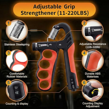 Grip Strengthener Forearm Strengthener Hand Grips Strengthener Kit(11-220 LBS) Adjustable Resistance Grip Strength Trainer with Counter –for Musicians Athletes and Injury Recovery
