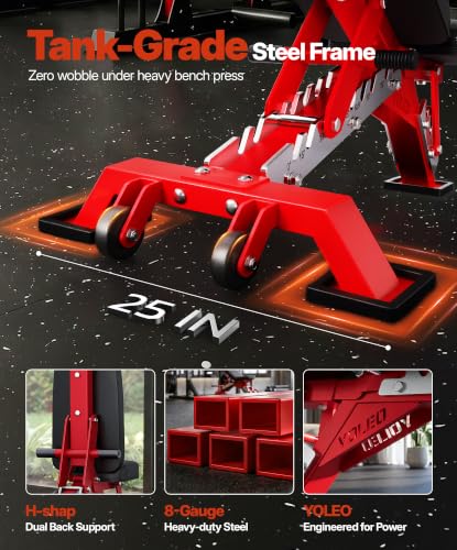 YOLEO Commercial Adjustable Weight Bench 2315LB ASTM Certified – 80% Pre-Assembled Heavy Duty Workout Bench for Home Gym, Decline/Flat/Incline Bench Press, 2.4" Thick Pad & 2 Wheels - color: Red