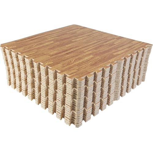 Foam Floor Tiles - 96sqft Wood Grain Interlocking Foam Tiles with Border - Foam Play Mat Playroom or Gym Flooring for Home Gym by Stalwart (Light) - color: Light Wood Grain, size: 24 Pack