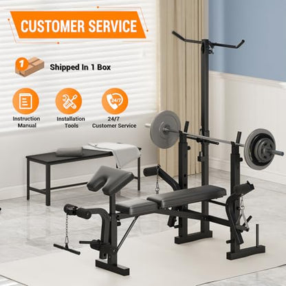 6-In-1 Foldable Weight Bench with Leg Extension & Preacher Curl, Adjustable Bench Press Station for Home Gym, 600LB Capacity, Compact Strength Training Bench for Dumbbell & Barbell Workouts