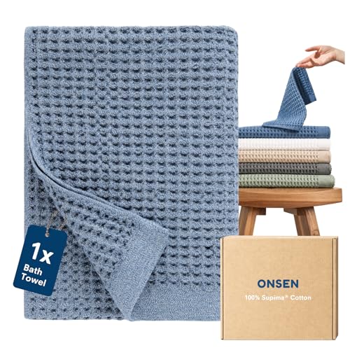 ONSEN Supima® Waffle Bath Towel, Large, Quick Dry Lint Free 100% USA Cotton, Lightweight Absorbent Bath Towel, 31x57 in (Denim Blue, 1x Bath Towel) - color: Denim Blue, size: Bath Towel