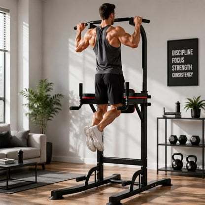 Pull Up Bar, Multifunction Power Tower Dip Bar Station Home Gym Strength Training Workout Equipment for Pull-up Push-up Dips