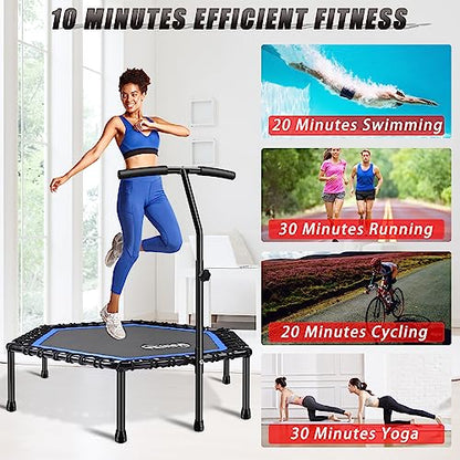 Newan 48'' Fitness Trampoline with Adjustable Handle Bar, Silent Trampoline Bungee Rebounder Jumping Cardio Trainer Workout for Adults - Max Limit 330 lbs - color: Blue