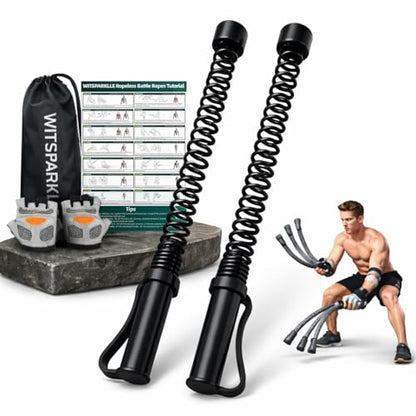 2PCS Ropeless Battle Ropes for Home Gym, Portable Cordless Workout Ropes with Gloves, Bag & Tutorial, Low-Impact HIIT Fitness Equipment for Full Body Cardio and Strength Training