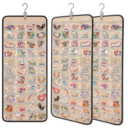 3 Pack Hanging Jewelry Organizer Storage with 48 Pockets and Hooks Dual-Sided Hanging Jewelry Organizers and Storage Hang on Closet, Wall, Door for Earrings, Necklaces, Rings,Blcak - size: Large
