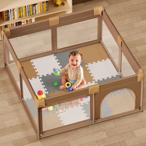16 Tiles Baby Play Mat for Floor, EVA Foam Baby Floor Play Mat with 0.6 Inch Thick Interlocking Foam Tiles, Foam Floor Tiles for Baby, Toddlers and Kids (Brown-Gray-White, 16PCS)