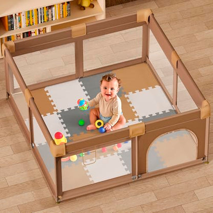 16 Tiles Baby Play Mat for Floor, EVA Foam Baby Floor Play Mat with 0.6 Inch Thick Interlocking Foam Tiles, Foam Floor Tiles for Baby, Toddlers and Kids (Brown-Gray-White, 16PCS)