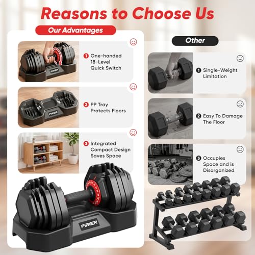PIRIER Adjustable Dumbbell Set 50LB, 18-in-1 Free Weight Adjustable Dumbbells, One-Hand Twist Adjust, Space-Saving Design, Home Gym Strength Training Equipment for Men & Women