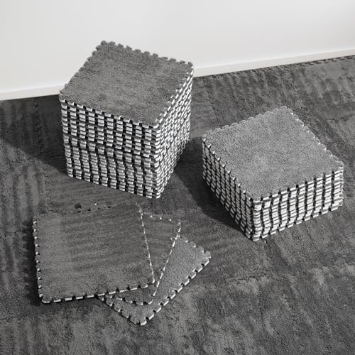 36 Pcs Plush Interlocking Carpet Tiles, Non-Toxic Shaggy Foam Carpet Tiles for Toddler Baby, Anti-Slip, EVA Foam Interlocking Tiles for Floor, Nursery, Playroom, Grey - color: Gray, size: 36P