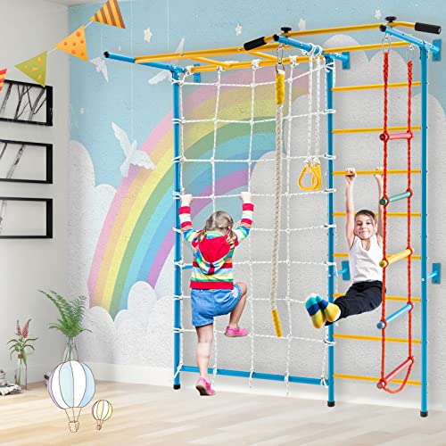 GLACER 7-in-1 Indoor Adventure Playground with Steel Frame, Monkey Bars & Gym Rings for Kids Aged 3+, Solid Wall Set up - style: 7 In 1