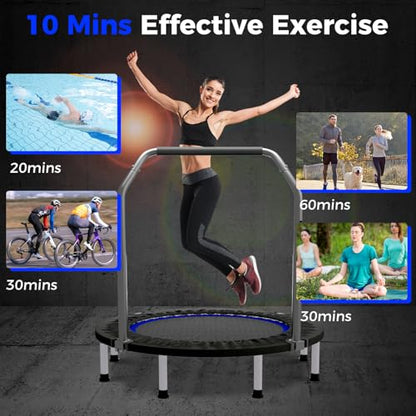 40"/48" Rebounder Trampoline for Adults Mini Trampoline for Adults and Kids Exercise Rebounder with Bar Fitness Trampoline Indoor Height Adjustable Max Load 330/440lbs - color: Blue-48in