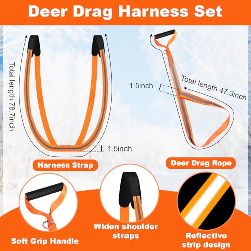 1.2mm Thickened Deer Drag Sleds with Rope, Tear-Resistant Cart Game Hauler with Storage Bag, Dual Deer Drag Harness Strap, Widen Shoulder for Hunting Accessories(Tapered-Anti Slip, Orange)