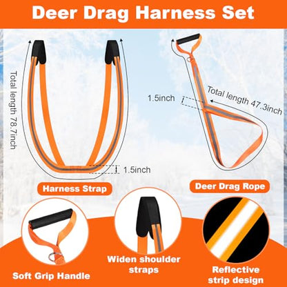 1.2mm Thickened Deer Drag Sleds with Rope, Tear-Resistant Cart Game Hauler with Storage Bag, Dual Deer Drag Harness Strap, Widen Shoulder for Hunting Accessories(Tapered-Anti Slip, Orange)