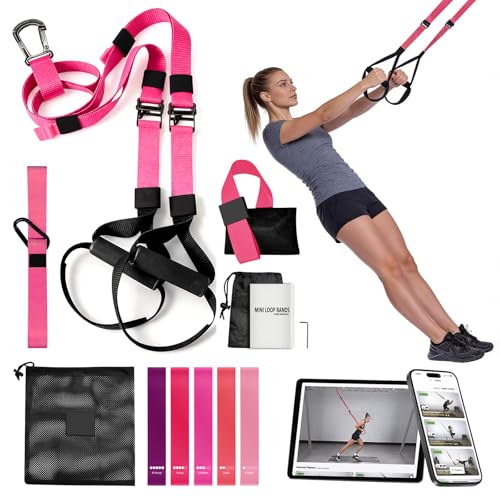 Home Resistance Training Kit - Full Body Workout Equipment with Suspension Straps, Handles & Door Anchor (Pink)