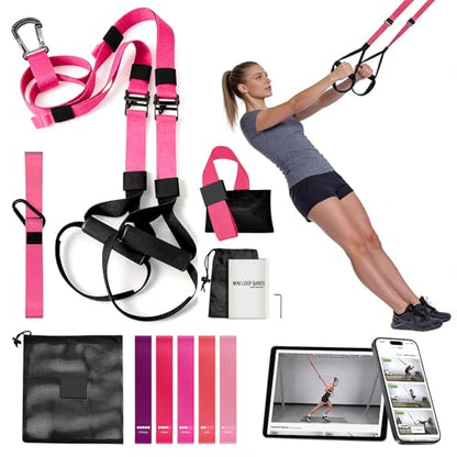 Home Resistance Training Kit - Full Body Workout Equipment with Suspension Straps, Handles & Door Anchor (Pink)