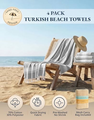 LANE LINEN Oversized Beach Towels 4 Pack, Pre-Washed, Extra Large - Grey - color: 08: Grey, size: Pack of 4