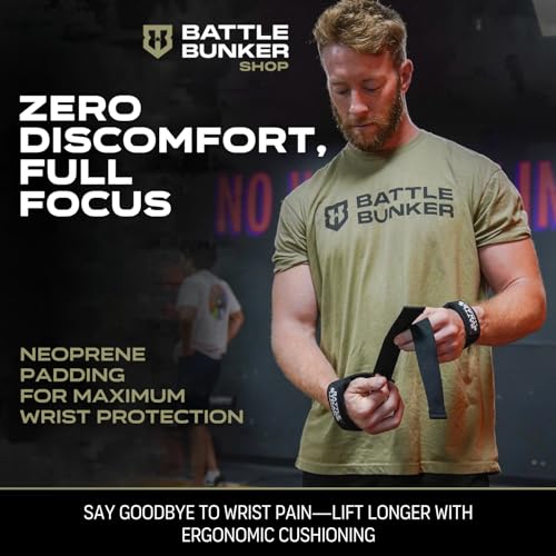 Battle Bunker Lifting Straps for Weightlifting – Padded Wrist Straps for Deadlifts & Pull-Ups – Reduce Wrist Pain, Improve Grip Strength & Lift Heavier – Gym Straps for Strength Training - color: Black