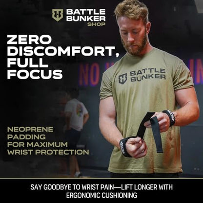 Battle Bunker Lifting Straps for Weightlifting – Padded Wrist Straps for Deadlifts & Pull-Ups – Reduce Wrist Pain, Improve Grip Strength & Lift Heavier – Gym Straps for Strength Training - color: Black