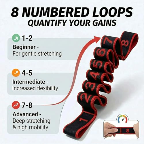 Stretch Bands for Exercise: 8-Section Elastic Exercise Band with Loops, Flexibility Stretching Strap Resistance Bands for Working Out, Leg Glutes Yoga Physical Therapy Fitness Equipment (Black)