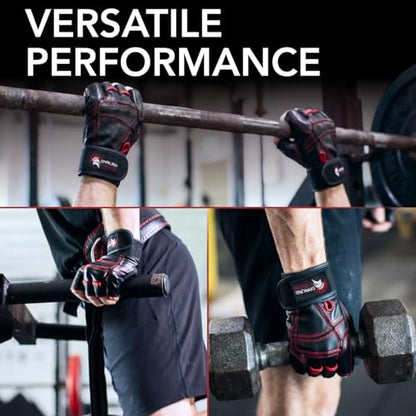 Genuine Leather Gym Gloves for Men Women, Wrist Wrap Support Workout Gloves for Weight Lifting Crossfit Deadlift Barbell Exercise Palm Padding Callus Protection Grips