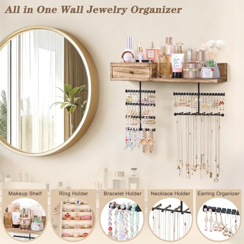 Jewelry Organizer Hanging Wall Mounted Jewelry Holder with Rustic Wood Drawer & Large Capacity Storage Shelf Rack Display for Earrings Rings Necklaces Bracelet - color: Carbonized Black