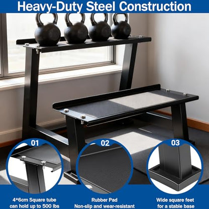 Kettlebell Storage Rack with Anti-Slip Pads, 2-Tier Weight Racks, Kettlebell Stand, Dumbbell and Kettlebell Rack for Home Gym Use