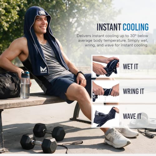 MISSION Cooling Hoodie Towel, Evaporative Cool Technology, Cools Instantly When Wet, UPF 50 Sun Protection, Contours Your Head to Stay in Place, Great for Sports, Fitness, Gym - color: Navy Blue