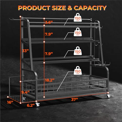 Dumbbell Rack Weight Stand - 4-Tier Adjustable Weight Rack for Dumbbells, Home Gym Storage Rack for Yoga Mat Foam Roller Kettlebells, Workout Equipment Storage Organizer With Wheels and Hooks