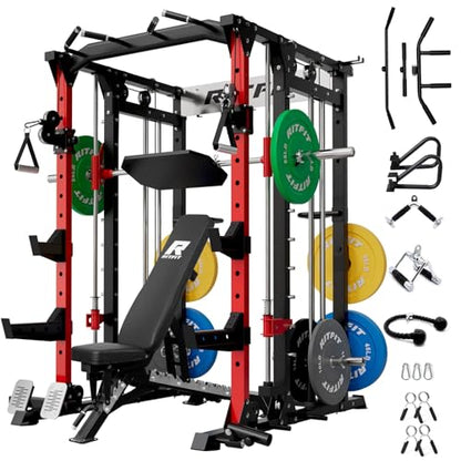 RitFit Buffalo Smith Machine, Power cage with LAT-Pull Down System & Cable Crossover System, All-in-One Squat Rack for Home Gym, Power Rack - color: RED, size: Package(With CP260)