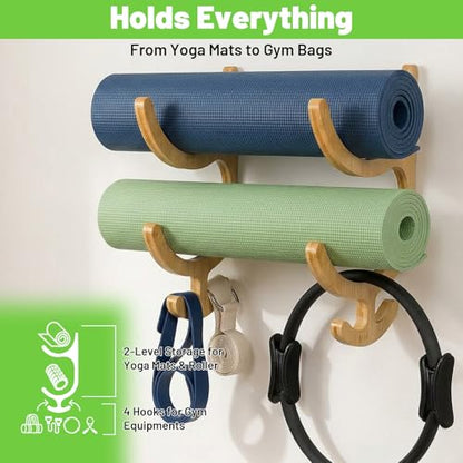 Wooden Yoga Mat Storage Rack Wall Mount, Yoga Mat Holder Hanging Hooks for Home Gym Equipment Storage, Fitness Class Room Mats Storages Organizer for Resistance Band, Home Gym Accessories