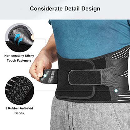 FREETOO Back Braces for Lower Back Pain Relief with 6 Stays, Breathable Back Support Belt for Men/Women for work , Anti-skid lumbar support belt with 16-hole Mesh for sciatica(L)