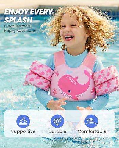 Gogokids 2-in-1 Toddler Swim Vest Pool Floaties for Kids[CPC Certified & Remove Crotch Strap]Puddle Float Jumper 24-66 Pounds, Toddler Arm Floaties Swim Jacket Water Wings for kids Boys Girls Swimmies