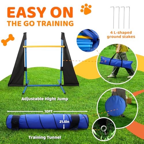 Dog Agility Course Backyard Set - Complete 11-Piece Dog Agility Equipment with Adjustable Hurdles, Jump Ring, Weave Poles, Collapsible Tunnel, Pause Box, Ball for Indoor/Outdoor Training