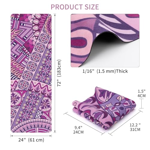 Travel Suede Yoga Mat 1.5mm Thick Non Slip Foldable Lightweigh Sweat Absorbent Exercise Mat for Hot Yoga Pilates Home Gym Outdoor, 72"L x 24"W, 3 lbs