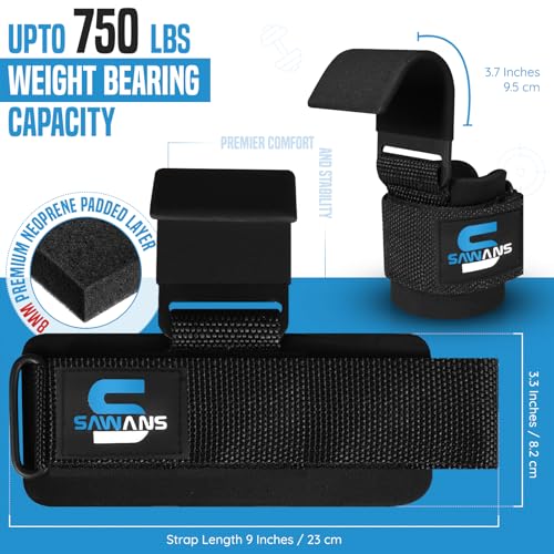 SAWANS Weight Lifting Hooks Heavy Duty Weight Lifting Straps Hand Grip Support Pull ups Deadlift Straps Padded Workout Gym Gloves Powerlifting Fitness Strength Training for Men and Women (Black)