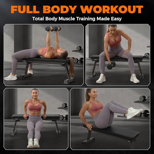 BODY RHYTHM Semi-Commercial Foldable Flat Bench for Multi-Purpose Weight Training and Ab Workout, Flat Weight Workout Exercise Bench with 1000lb Weight Capacity for Strength Training Bench Press, Suitable for Home and Gym.