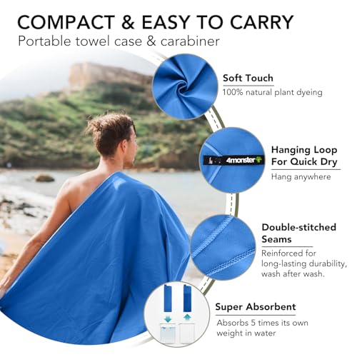 4Monster Quick Dry Travel Towel with Case & Carabiner – Super Absorbent Microfiber Gym & Camping Towel. Compact, Lightweight, Fast Drying for Beach, Swimming, Hiking, Backpacking