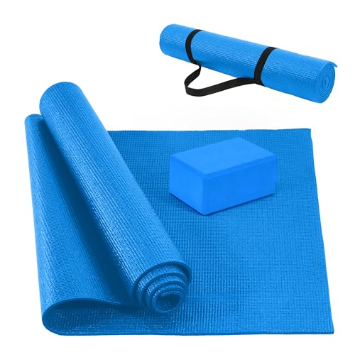 Signature Fitness All Purpose 0.25 Inch Thick High Density No Tear Exercise Yoga Mat with Strap & Lightweight Features for Indoor & Outdoor Use, Blue