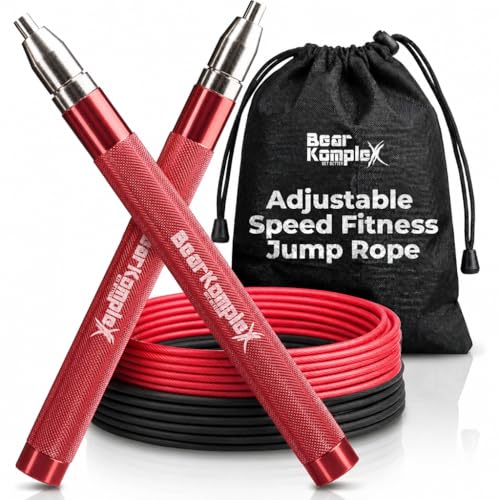Bear KompleX Speed Jump Rope - Adjustable Tangle-Free Skipping Rope, Lightweight Handles, Smooth 360° Swivel Bearings, 2 Steel Cables, Free Carrying Case - color: Red
