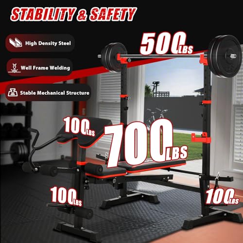 1500LBS 8 in 1 Weight Bench Set with Leg Extension/Curl and Preacher Curl, Bench Press Set and barbell Rack with Safety Bar Catches, Foldable Workout Benches for Home(US Stock) - color: Black Red