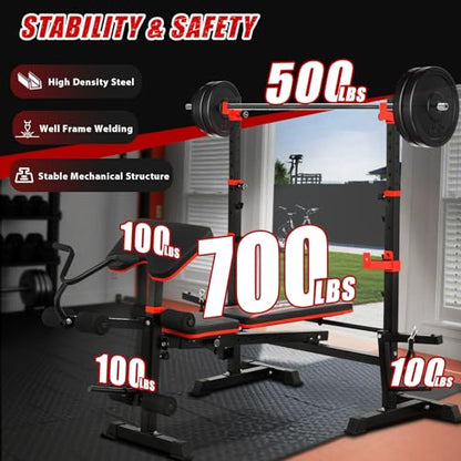 1500LBS 8 in 1 Weight Bench Set with Leg Extension/Curl and Preacher Curl, Bench Press Set and barbell Rack with Safety Bar Catches, Foldable Workout Benches for Home(US Stock) - color: Black Red