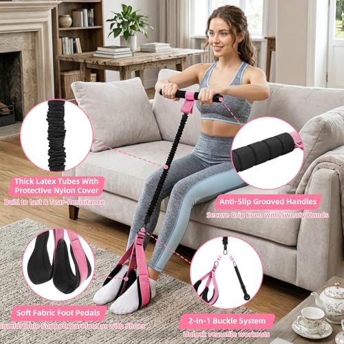 Pedal Resistance Band with Handles and Door Anchor, Detachable Foot Pedal Resistance Band with Stainless Steel Buckles, Multifunction Tension Rope Tummy Trimmer for Full Body Workout Home Gym Women
