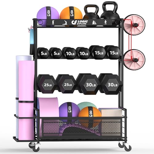 Dumbbell Rack Weight Storage Stand, Adjustable Weight Rack with Wheels, Metal Workout Equipment Storage Organizer, Home Gym Storage Organizer for Dumbbells, Kettlebells, Yoga Mat, Foam Roller