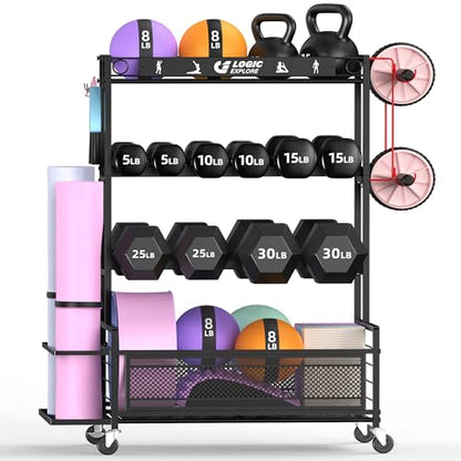 Dumbbell Rack Weight Storage Stand, Adjustable Weight Rack with Wheels, Metal Workout Equipment Storage Organizer, Home Gym Storage Organizer for Dumbbells, Kettlebells, Yoga Mat, Foam Roller