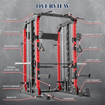 Smith Machine, 2600LBS Squat Rack, 7-in-1 Home Gym Cage with Adjustable Safety Bars, Pull-Up & LAT Pulldown