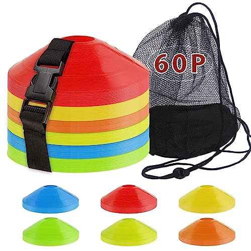 60-Pack Soccer Cones - Agility Flat Disc Cones with Carry Bag & Strap - Small Training Field Markers for Football Basketball Lacrosse - Indoor/Outdoor Sport Drills
